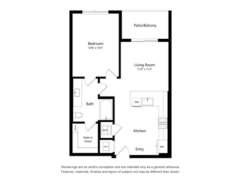 A floor plan of a small apartment with a bedroom, living room, kitchen, and bathroom.